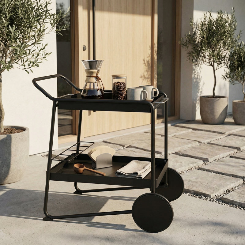 Chariot-bar de cuisine à 2 niveaux, tablettes de rangement intérieures et extérieures