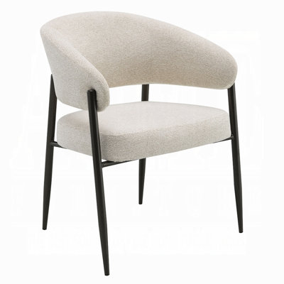 Jexy Dining Armchair Set Of 2, Barrel Back, Beige Chenille, Black Metal
