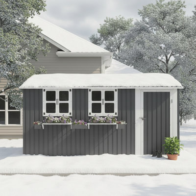 Remise de rangement extérieure en métal 12 x 10 pi avec 3 fenêtres transparentes et un support à fleurs décoratif, une porte à outils verrouillable à une porte, une remise de jardin résistante aux intempéries et résistante aux intempéries pour la cour de patio, gris