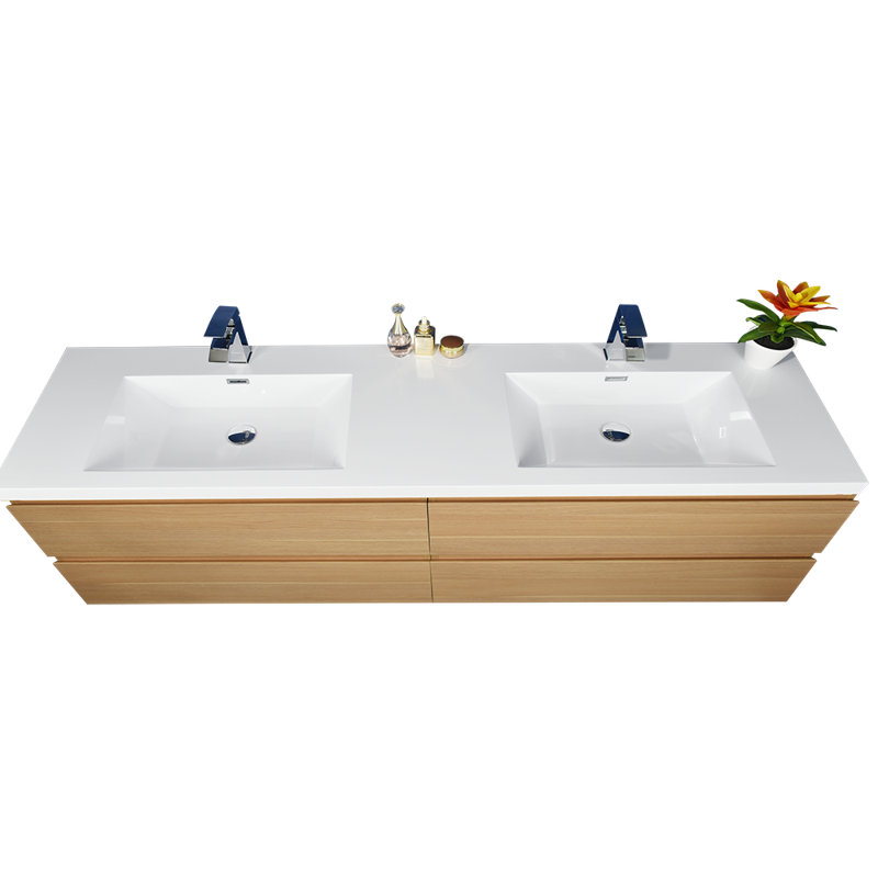 Bobijo 83'' Double Bathroom Vanity with Plastic Top, Coburg Oak