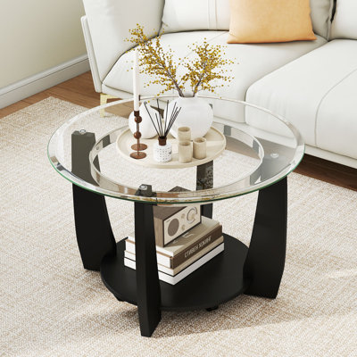 32” 2-Tier Glass Coffee Table with Tempered Glass Top Bottom Storage Shelf & Wheels Transparent & Black