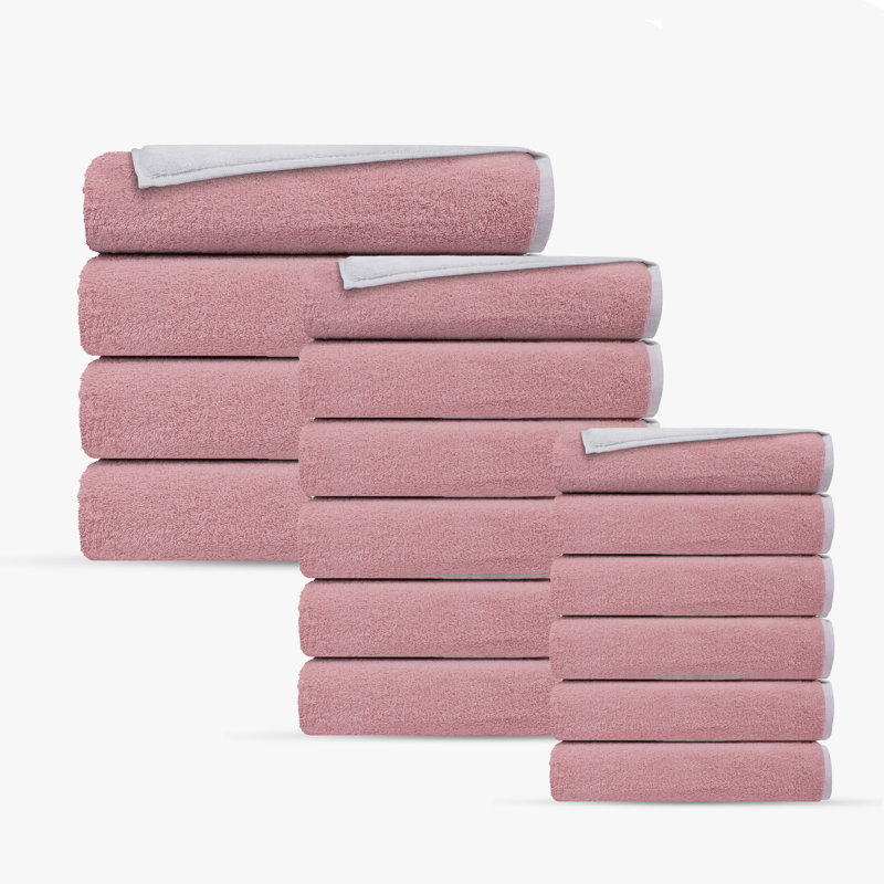 Double Face 16 pcs Turkish Towels Set, White/Blush