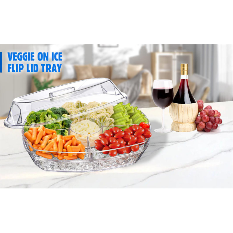 15 Inch Clear Chilled Veggie Tray with Lid and Compartments