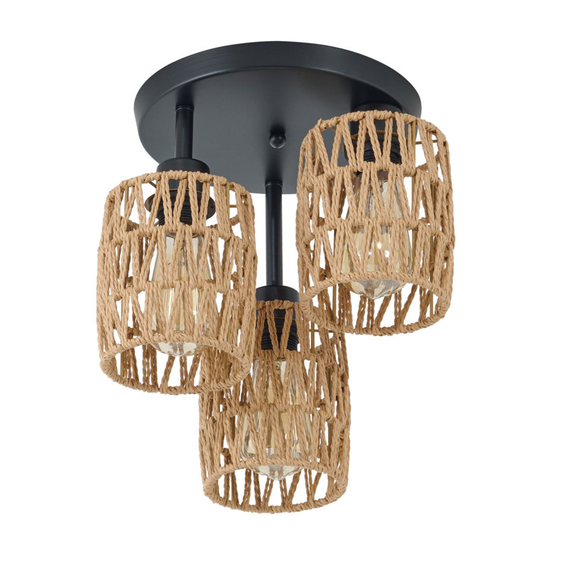 Deziree Ceiling Mount Chandelier 3-Lights Farmhouse Rattan Light Fixtures E26