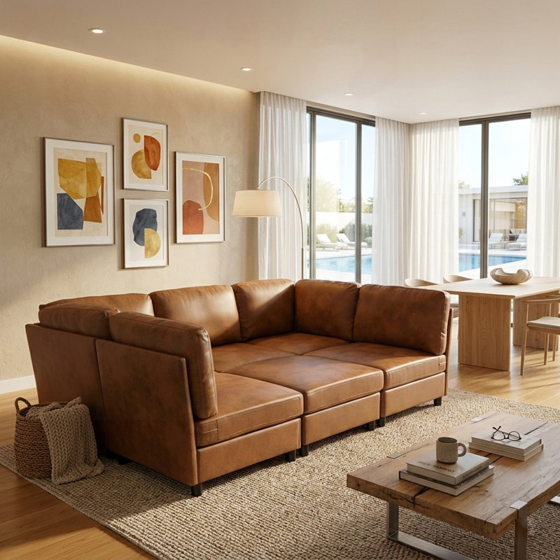 Canapé d'angle moderne avec repose-pieds librement configurable, L 94,5 po, Light Brown Fabric