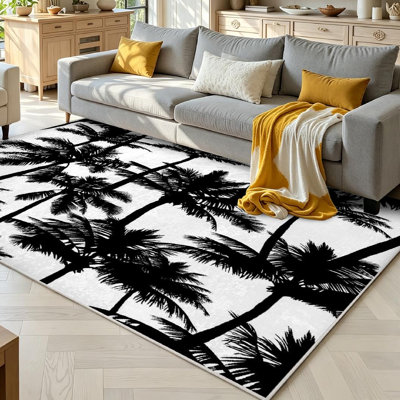 Tapis blanc lavable à la machine, palmiers noirs dessinés pour l'intérieur