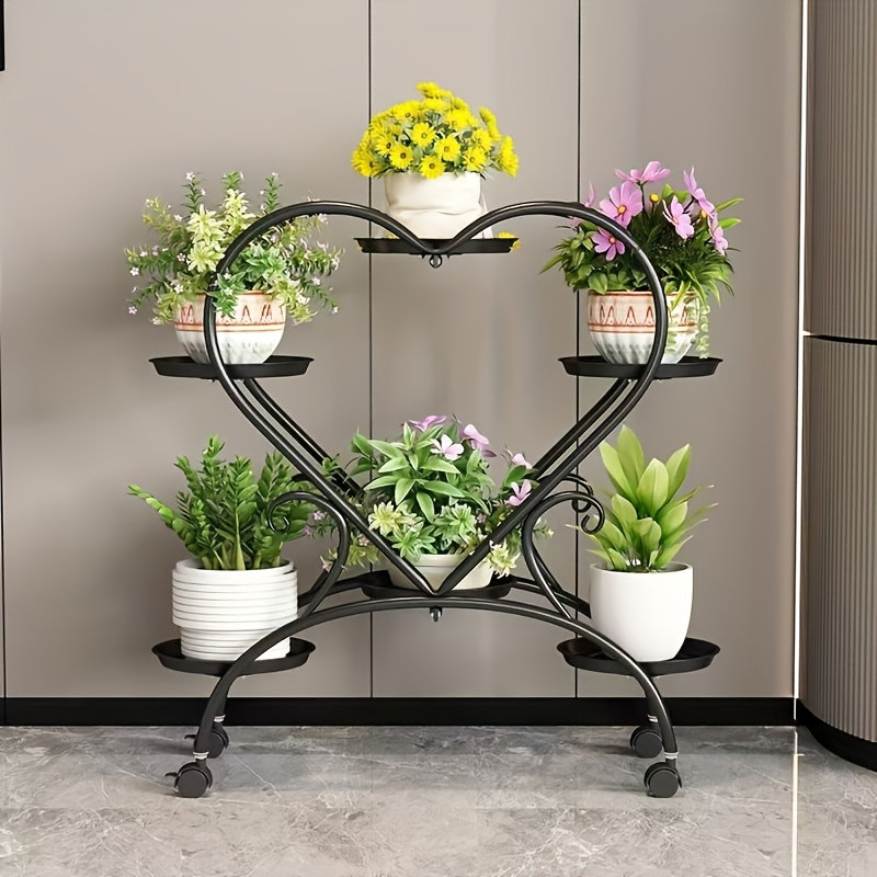 Metal 6-Tier Plant Stand with Heart-Shaped Frame and Rolling Casters, Black