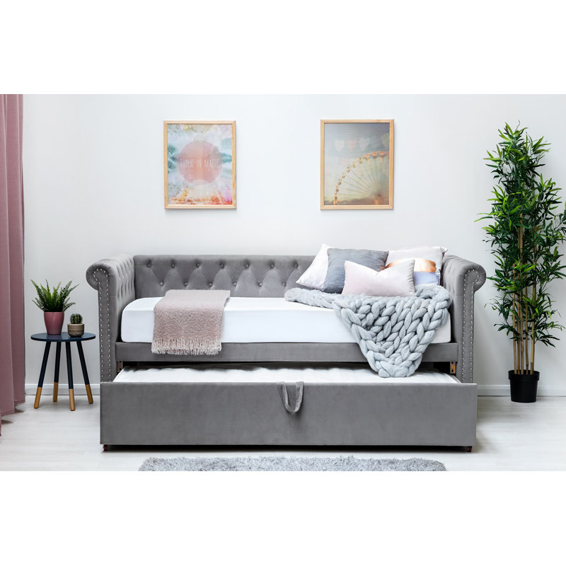 Kaeden Upholstered Daybed with Trundle, 23cm Single Sprung + 12cm Memory Foam Mattress