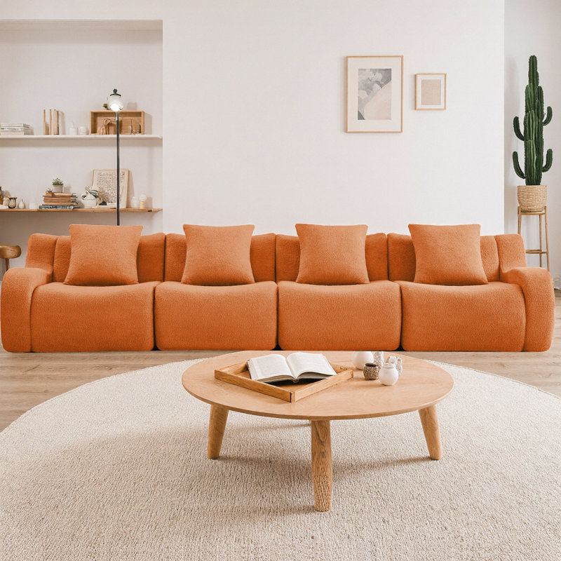 Canapé modulaire à 4 places désossé et rembourré en tissu Teddy avec accoudoirs courbés, sans assemblage requis et éponge haute densité 32D