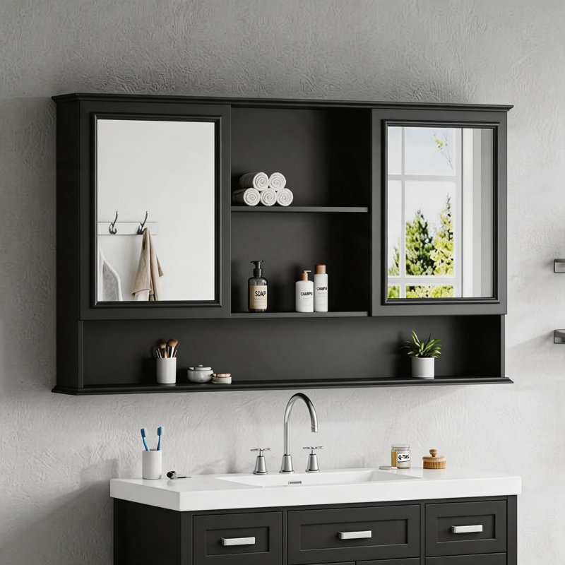 Armoire à pharmacie murale 60 po avec portes à double miroir, tablettes réglables, rangement ouvert, charnières à fermeture en douceur 60 po