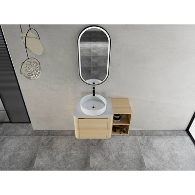 Meuble-lavabo mural 36 po avec lavabo d'art en céramique et tablettes de rangement, porte à fermeture en douceur, contreplaqué