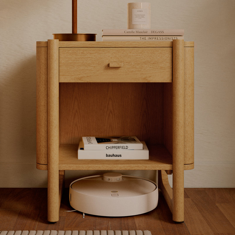 Apollo Mid Century Modern Solid Wood Nightstand with U-shape Sled Base & Spacious Open Shelf, Walnut