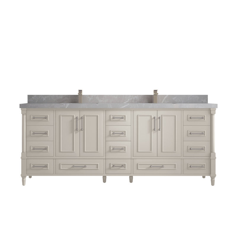 Aberdeen 84'' Double Bathroom Vanity with Quartz Top, Pearl Gray, Fine Grain