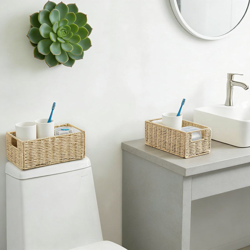 Hand-Woven Paper Rope Storage Baskets, Set Of 2 Collapsible Wicker Organizer Bins For Shelves, Foldable Cube Baskets For Bathroom, Living Room, And Kitchen Organization