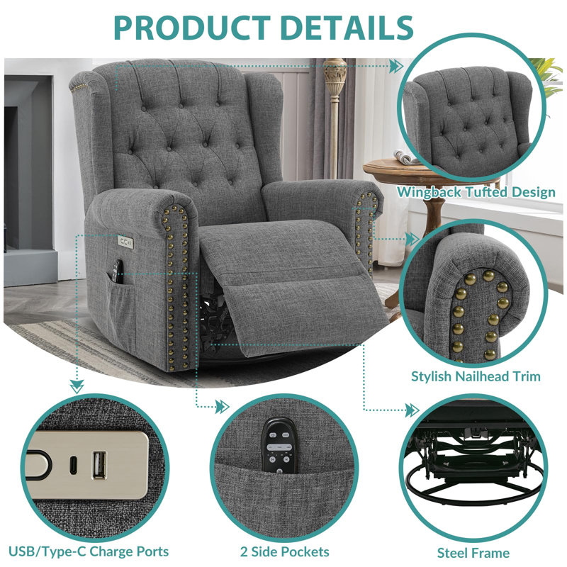 Meetwarm Power Swivel Rocking Glider Recliner Chair With Heat And Vibration, Electric Rocker Nursery Reclining Chair, Wingback Tufted Upholstered Recliner For Living Room, Type-C & Usb Ports