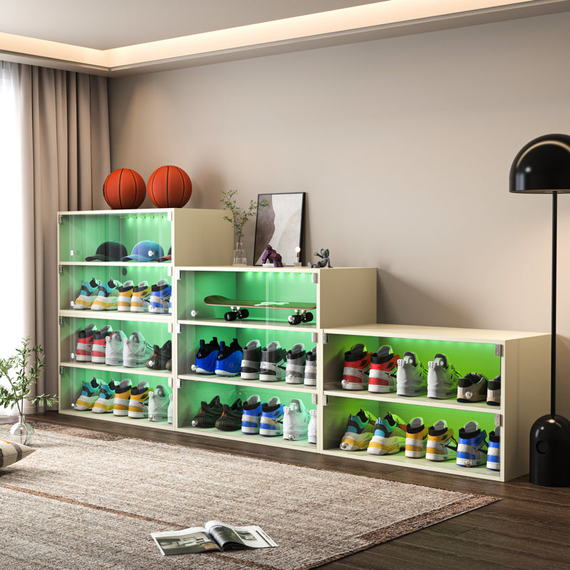 Led Lighted Shoe Box Holder With Glass - 3 Layers, Wood Built, Fits 9 Pairs Of Sneakers, Stackable 3-Layer Cabinet Doors, Material, Stores Stackable, Cubist Style