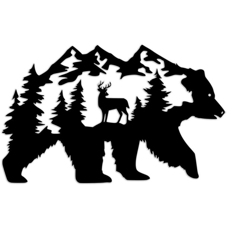 Art mural en forme d'ours avec arbres, paysage de montagne et cerfs - ACM, Argent, H 20 po x l 32 po x P 0,25 po