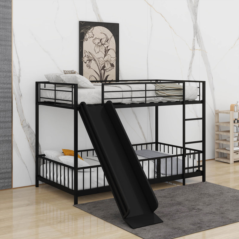 Twin Over Twin Size Metal Bunk Bed With Slide, Black
