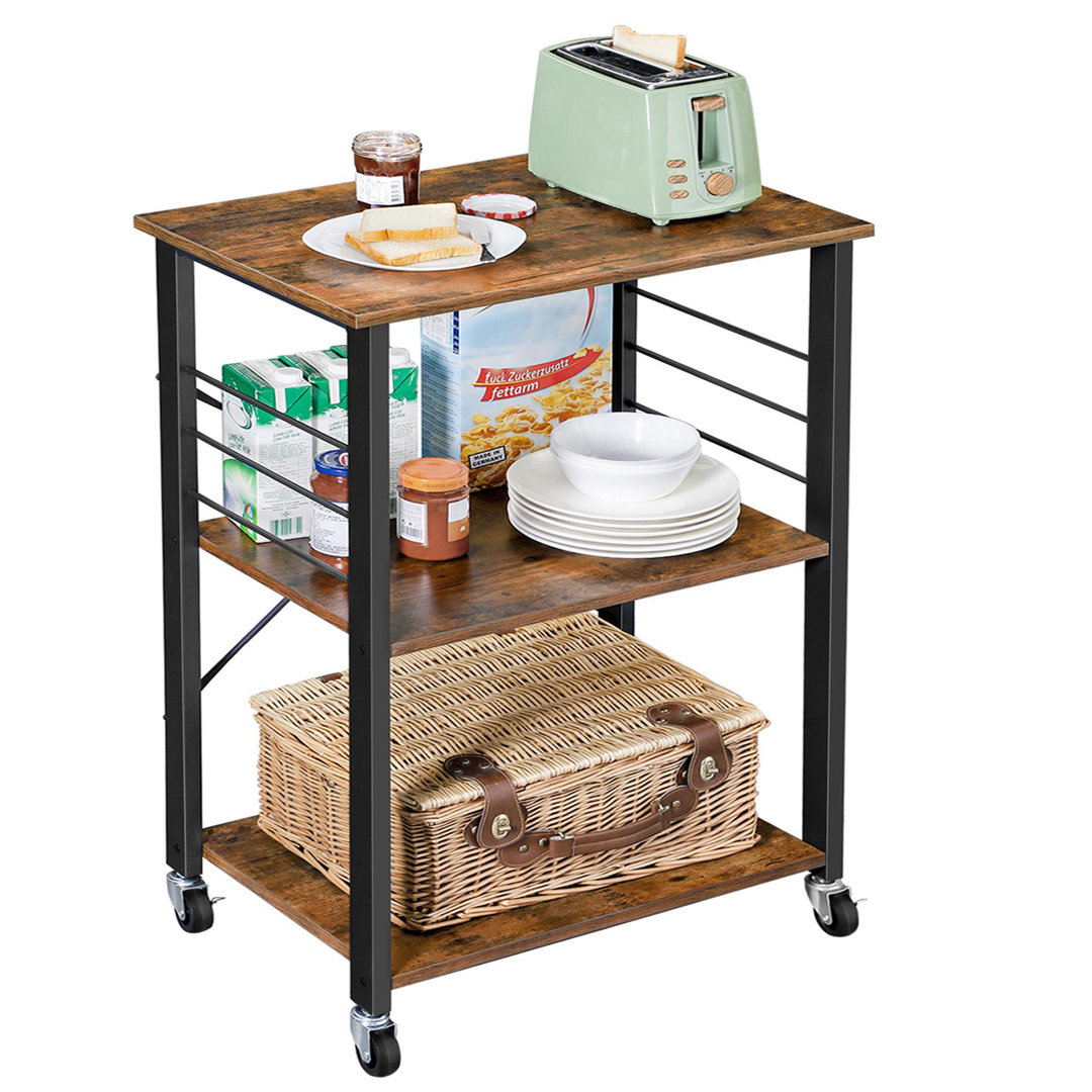 Kitchen Shelf On Wheels, Serving Trolley With 3 Shelves, Microwave Shelf, For Mini Oven, Toaster, With 6 Hooks, Industrial Style, Rustic Brown And Bla