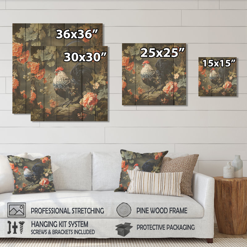 Coq dans le jardin de fleurs I - Animal de poulet sur bois, H 36 po x l 36 po