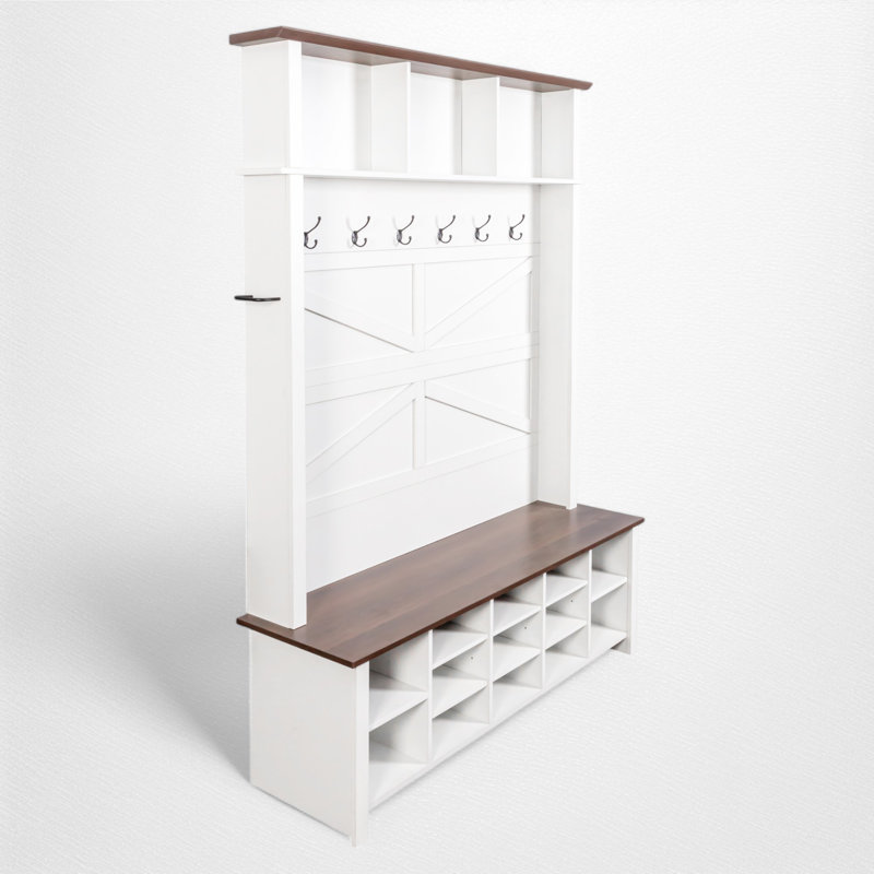 Hall Tree 56.3" Wide With Bench And Shoe Storage, White