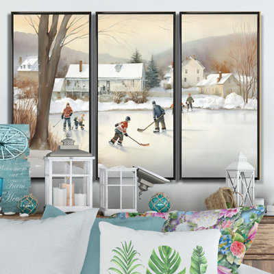 Enfants jouant au hockey en hiver - ensemble d'art mural moderne sur toile