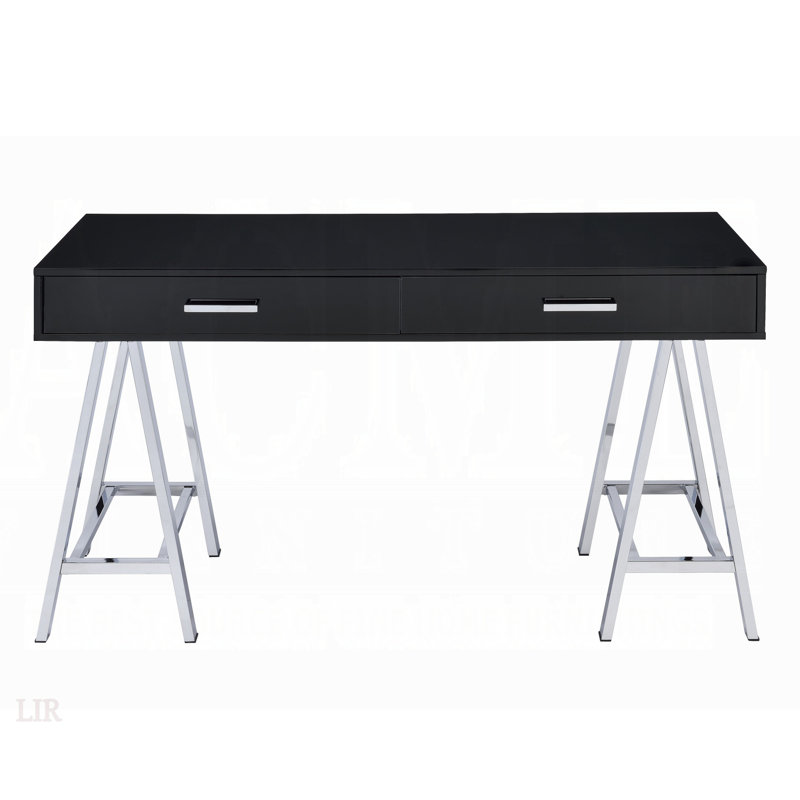 Bureau élégant à 2 tiroirs noir brillant avec base en métal chromé pour les espaces de travail modernes