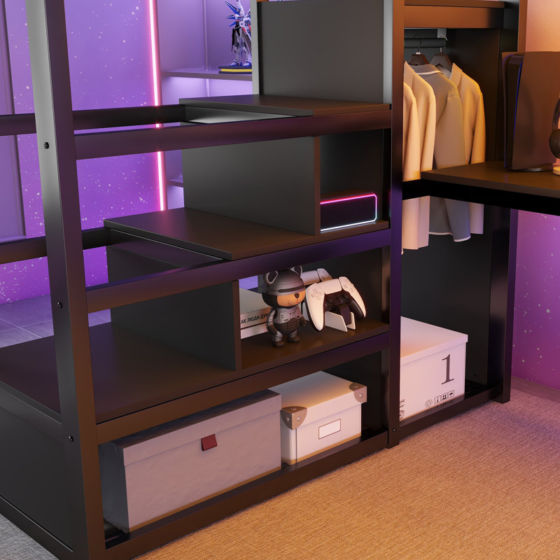 Lit mezzanine en métal peu encombrant avec rangement et bureau pour la maison