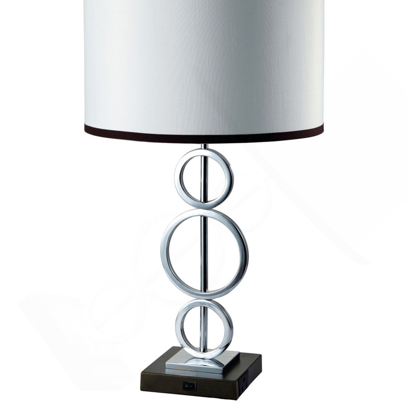 Lampe de table haute 29 po en métal avec finition argentée, style anneau, abat-jour rond blanc