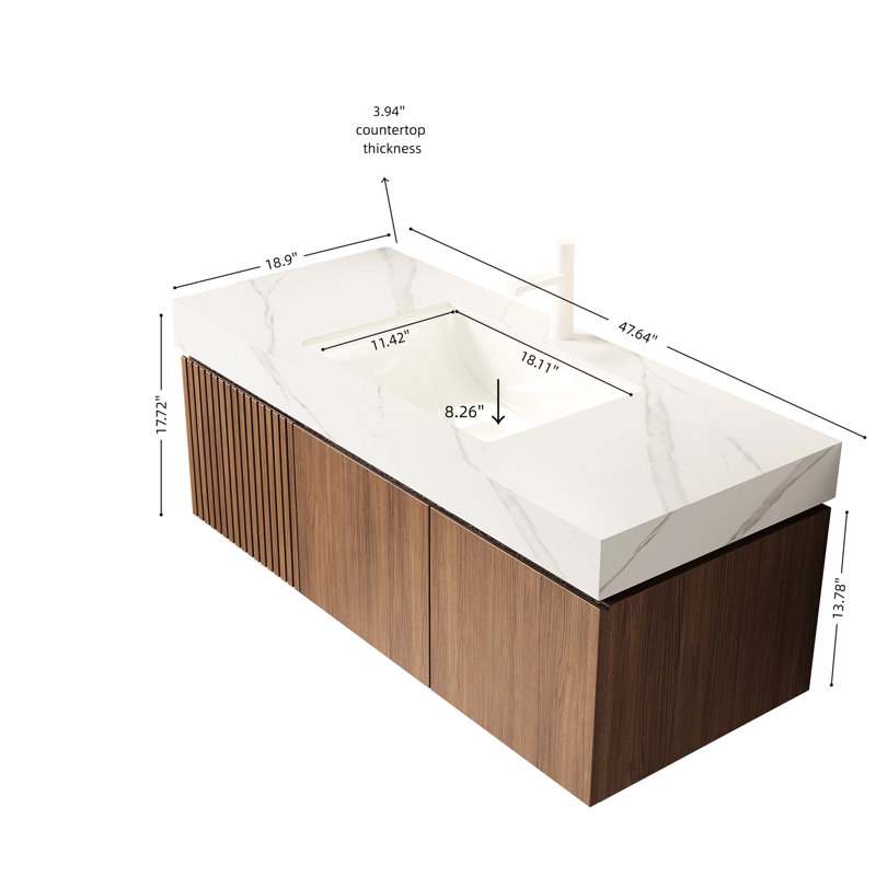 Meuble-lavabo 48 po avec comptoir en pierre frittée blanche et lavabo en céramique, système de fermeture en contreplaqué flottant avec tiroir en contreplaqué, conception en chêne brun avec pierre de bassin pré-assemblée