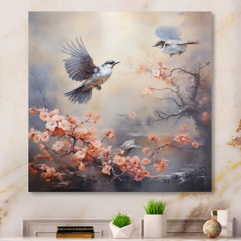 Vol de cerisier en fleurs au Japon III - Art mural oiseau, Toile tendue, 16" H x 16" W