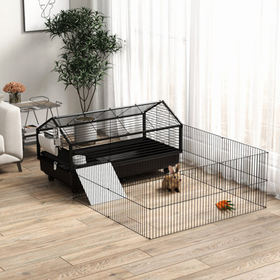 Guinea Pig Habitat - Small Animal Cage With Foldable Run Area And Water Bottle Robust Space Spacious & Convenient Black Steel Construction For Animals