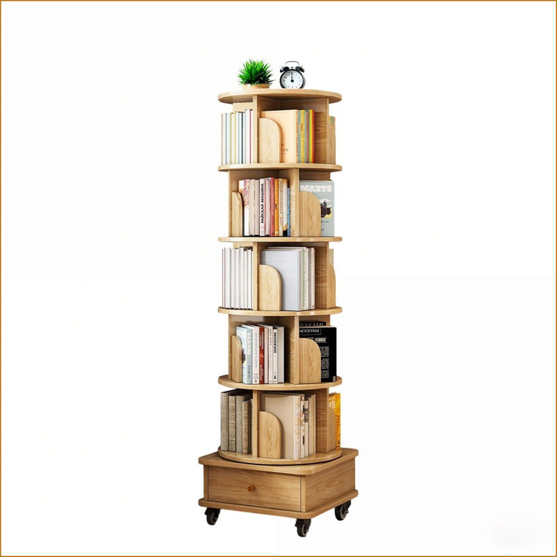 Bibliothèque à 6 niveaux pivotante à 360 ° noyer brun avec roulettes et tiroir, peu encombrante | Bois | Panneau de fibres à densité moyenne