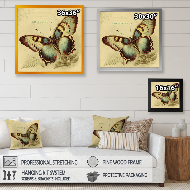 «Ariahana Vintage Illustration Of Butterfly V», reproduction sur toile, Impression dorée sur toile encadrée