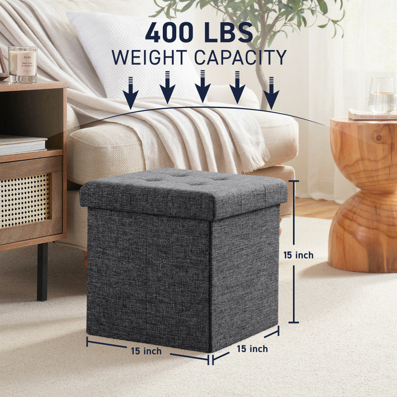 Square Upholstered 15" Inch Storage Ottoman - Set of 2, Dark Gray