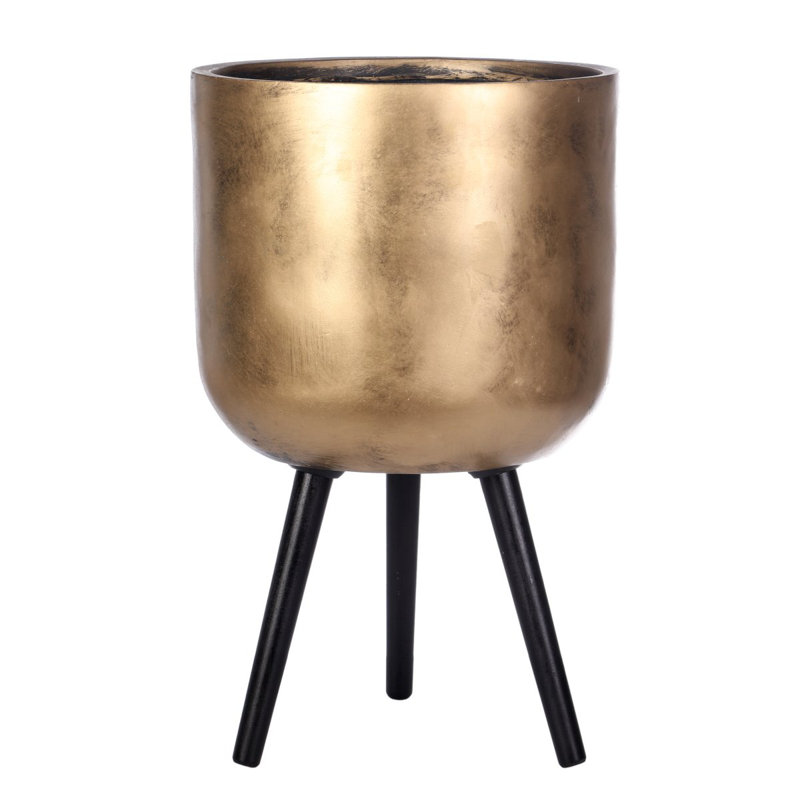 Metallic Concrete Effect Cylinder Round Planter on Hardwood Legs, Round Indoor Plant Pot Stand for Indoor Plants, Indoor Flower Pot