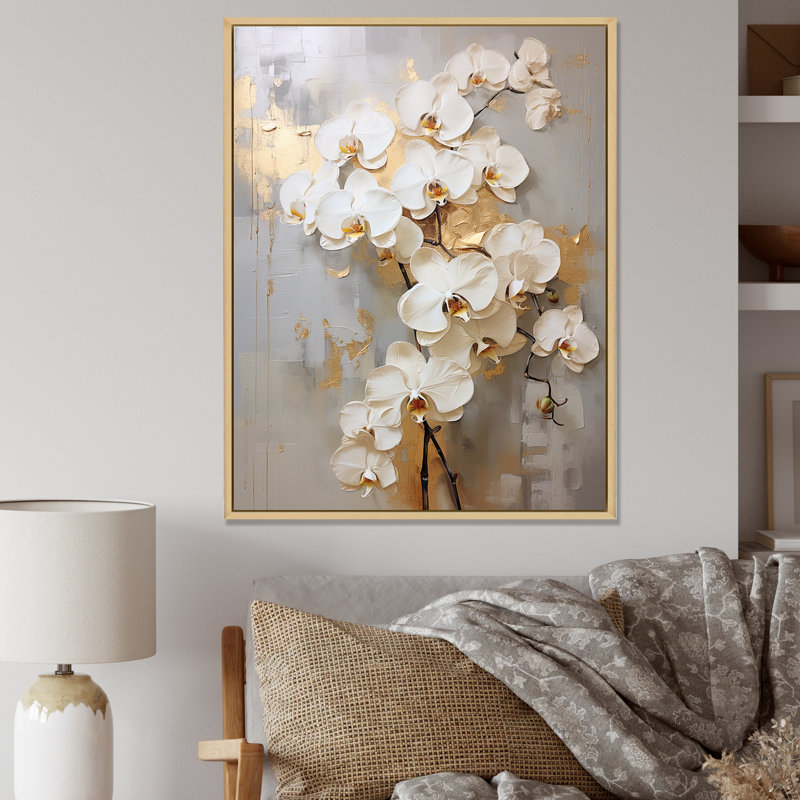 Minimalisme beige et orchidées dorées IV - impression sur toile encadrée orchidée, Cadre flottant en érable