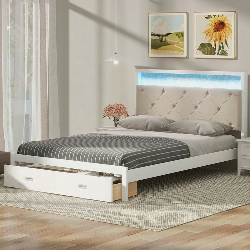 Grand lit plateforme en bois avec tête de lit tapissier, DEL et 2 tiroirs