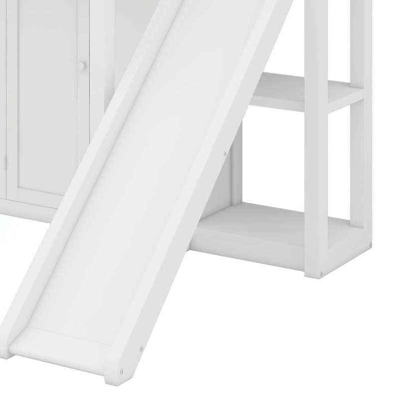 Lit mezzanine simple avec garde-robe, tablettes de rangement, glissoire et DEL