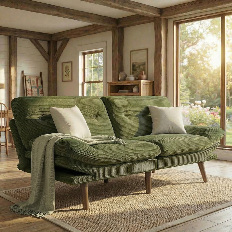 66”Convertible Futon Sofa Bed with Adjustable Backrest and 5-Level Armrests, Corduroy Futon Couch ,Sleeper Sofa Loveseat for Small Spaces, Apartment or Office,Green