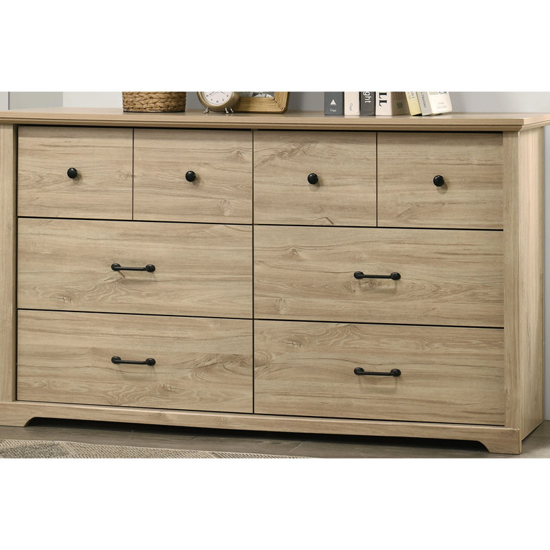 Commode 6 tiroirs avec poignées noires Elara, Chêne clair