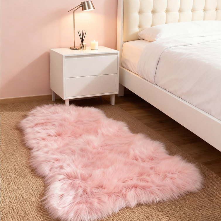 Lush Silky Pink Faux Sheepskin Living Room Rug