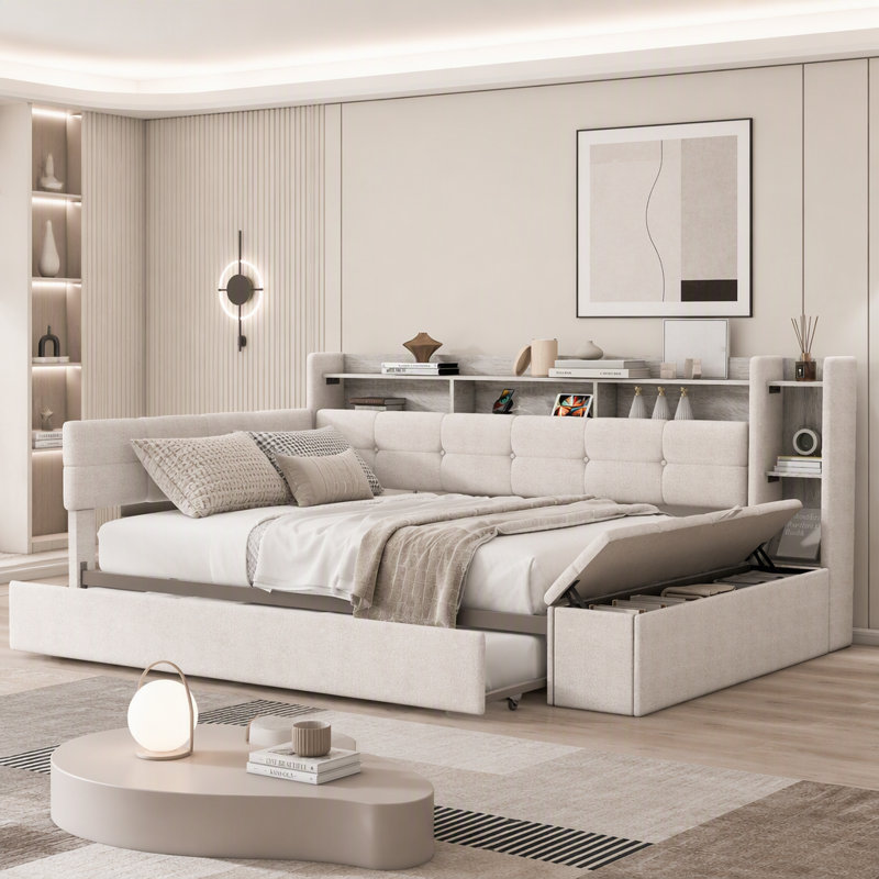 Lit de jour rembourré avec lit gigogne, rangement, USB, DEL, Double, Beige