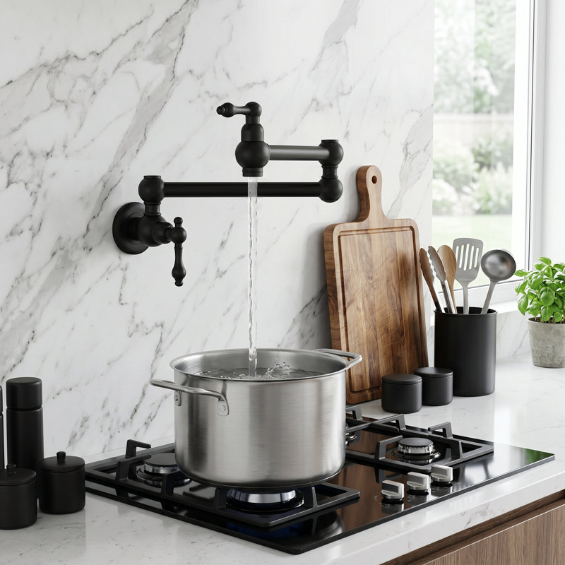 Robinet de cuisine mural noir mat avec robinets à double fermeture en laiton massif, bras pivotant rabattable de 23 pouces et capacité de débit élevé - idéal pour les grandes marmites, les pâtes, les soupes et les ragoûts de fruits de mer.