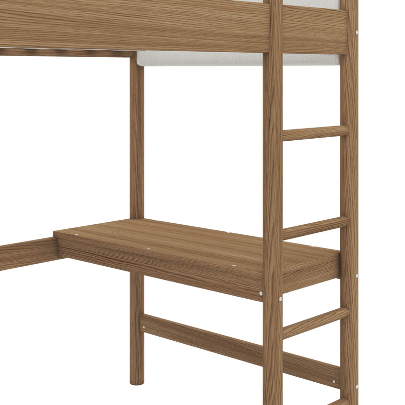 Lit mezzanine simple intégré à un bureau et revêtu de tissu molletonné moelleux