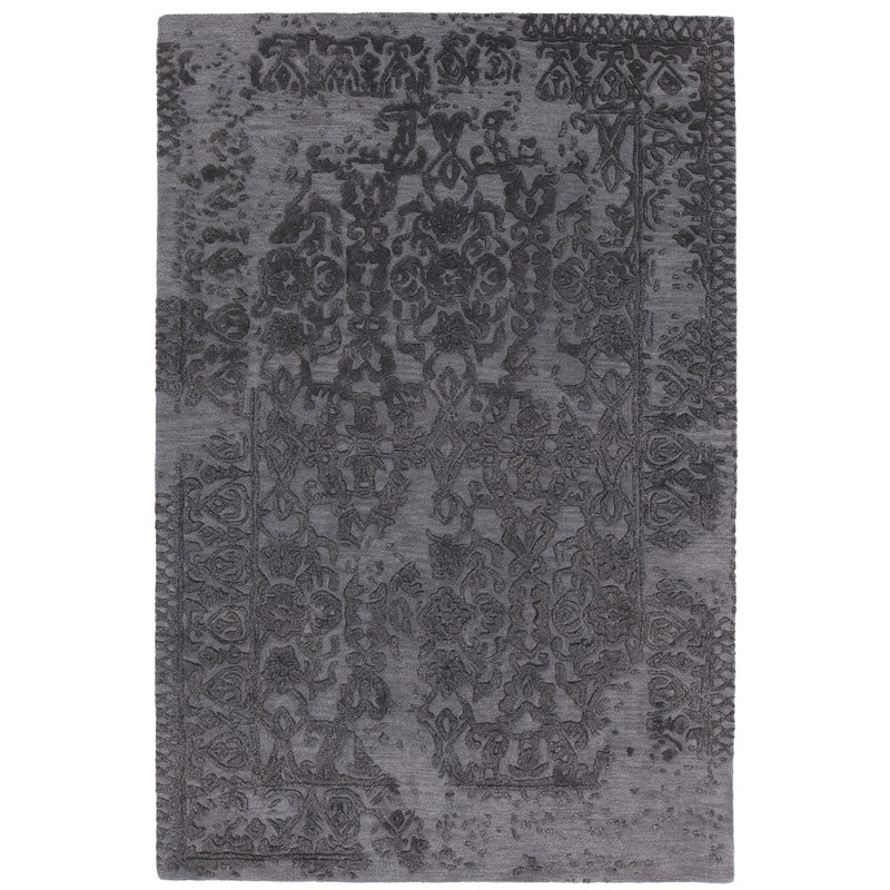 Tapis d'intérieur gris / noir en laine / viscose à motif abstrait touffeté à la main Boothby, 5 pi x 7 pi 6 po