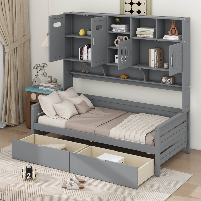  Lit de jour en bois Chaille avec 2 tiroirs, armoire et tablette tout-en-un, Lit simple, Gris