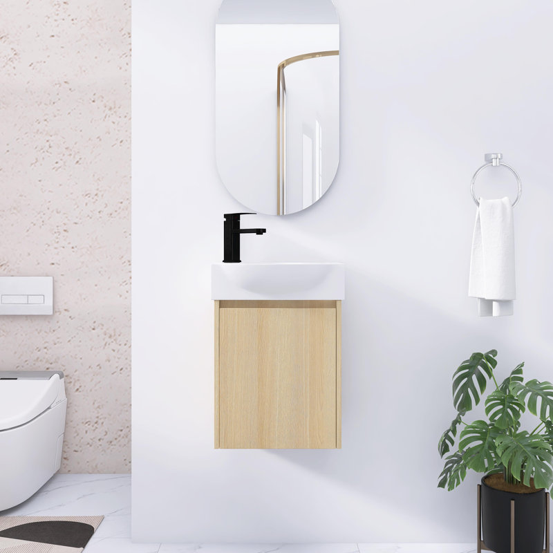 Petit meuble-lavabo mural 16 po avec lavabo en céramique, porte d'armoire à fermeture douce, Chêne