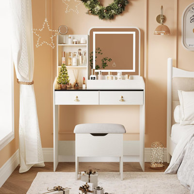 Small Vanity Desk with LED Mirror & Stool, Compact Makeup Table for Bedroom