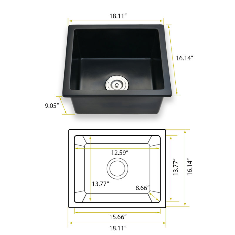 Évier à quartz encastrable L 18 po x l 16 po, noir mat, résistant à la chaleur, aux taches, aux égratignures, à la rouille, à la chaleur fiable, à la surface facile à nettoyer